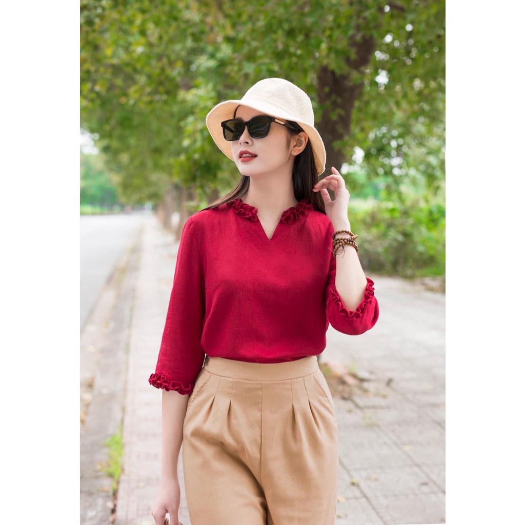 Áo ELVAX Linen Gân Xước Sơmi Cổ V Tay Lỡ Đỏ Đậm Tôn Da Rẻ Vô Địch