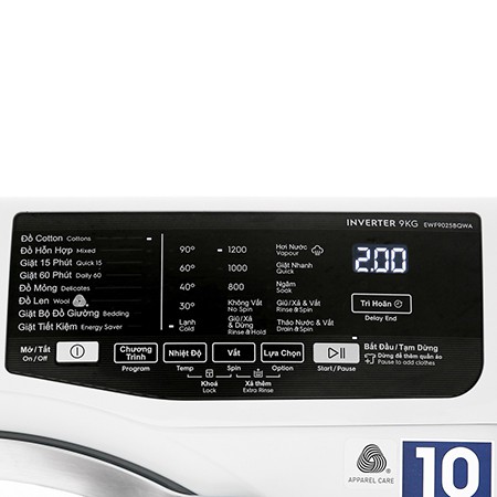 Máy giặt Electrolux Inverter 9 kg EWF9025BQWA - Công nghệ Inveter - Giặt hơi nước Vapour Care - Bảo hành 2 năm