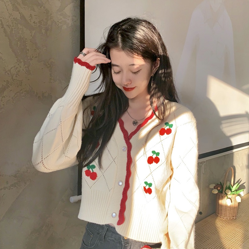 Hàng Sẵn_Áo len cardigan nhỏ cổ điển nhẹ nhàng họa tiết dâu tây đỏ