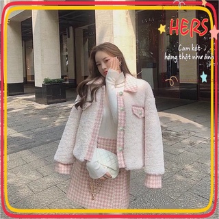 Set áo khoác lông cúc ngọc phối chân váy dạ tweed trẻ trung, có ảnh thật