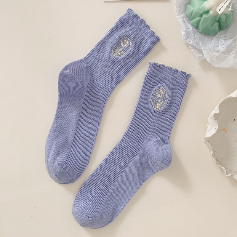 Đôi Vớ Cotton Màu Kem Thêu Hình Hoa Tulip Phong Cách Hàn Quốc Dành Cho Nữ