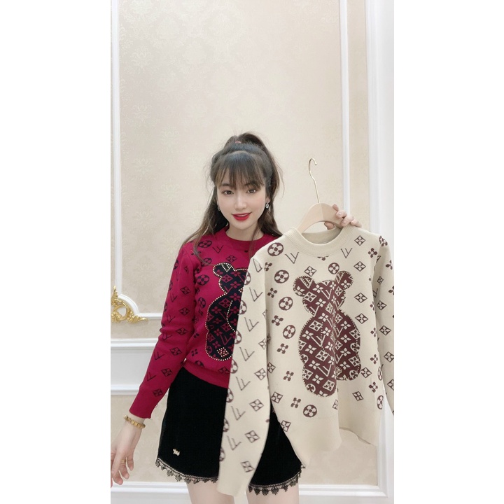 Áo len nữ, áo len gấu nữ cổ tròn họa tiết dễ thương chất len mềm mịn đầy vừa phải len tay bo mặc gọn hàng quảng châu xịn | BigBuy360 - bigbuy360.vn