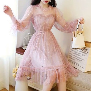 (Sẵn) M27 - Đầm Ulzzang dự tiệc cổ tròn viền bèo nhúng dáng xòe thắt dây eo đính kim sa rất sáng (6 màu)