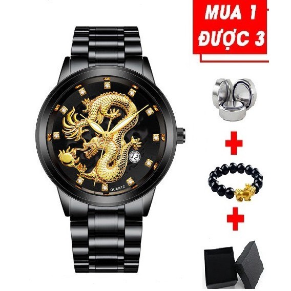 Đồng hồ nam RR dây thép không ghỉ có lịch ngày mặt hình rồng vàng chống nước tốt - full đen