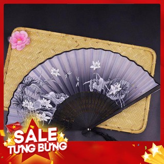 [FREE SHIP] ( 50k) Quạt cổ trang dây tuyến hồng xanh đen hoa quạt xếp cầm tay phong cách Trung Quốc phong cách cổ trang 