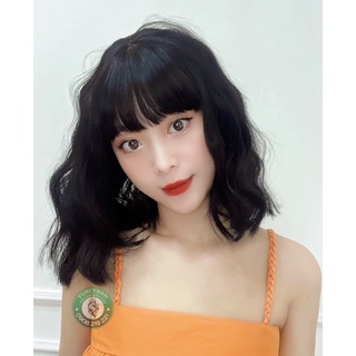 TÓC GIẢ YURI TRAN ( ảnh thật) tóc giả xoăn sóng xù ngắn đen tự nhiên mái ngang( tặng kèm lưới)