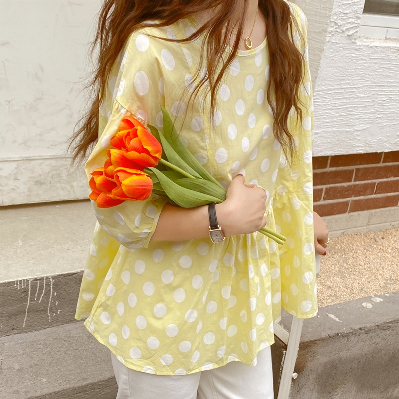 IELGY Áo Sơ Mi Cổ Tròn Tay Ngắn Dáng Rộng In Họa Tiết Chấm Bi Màu Vàng Phong Cách Hàn Quốc Cho Nữ