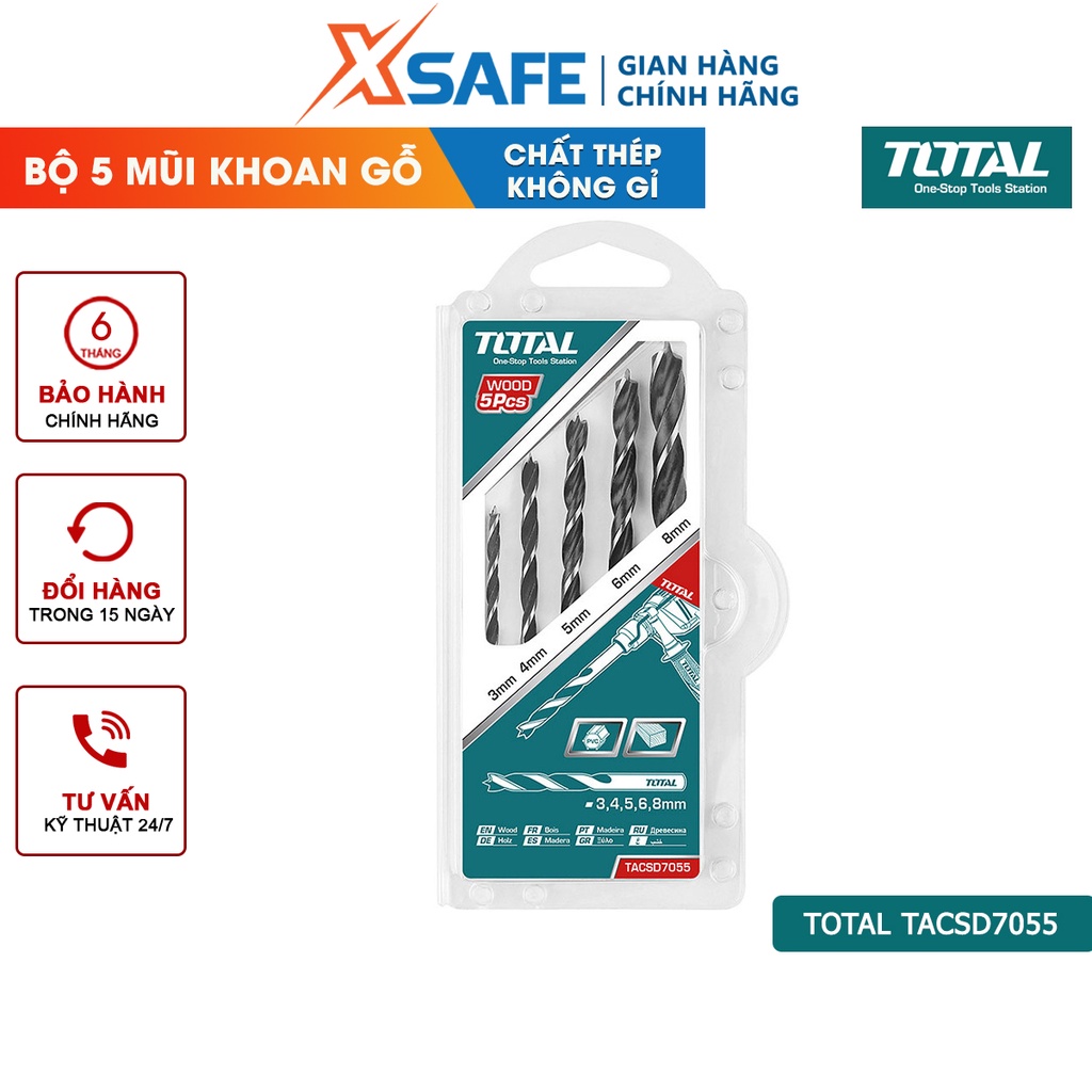 Combo 5 mũi khoan gỗ TOTAL TACSD7055 chính hãng. Mũi khoan gỗ 5 chi tiết TOTAL không bị ăn mòn, biến dạng, gãy hay cong