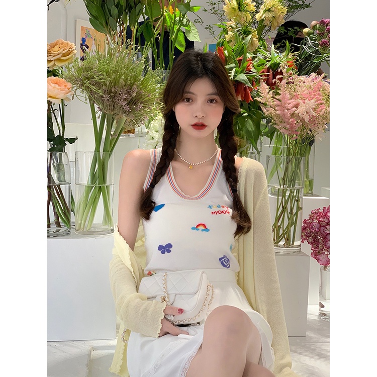 Áo croptop dệt kim không tay thêu họa tiết thời trang năng động cho nữ