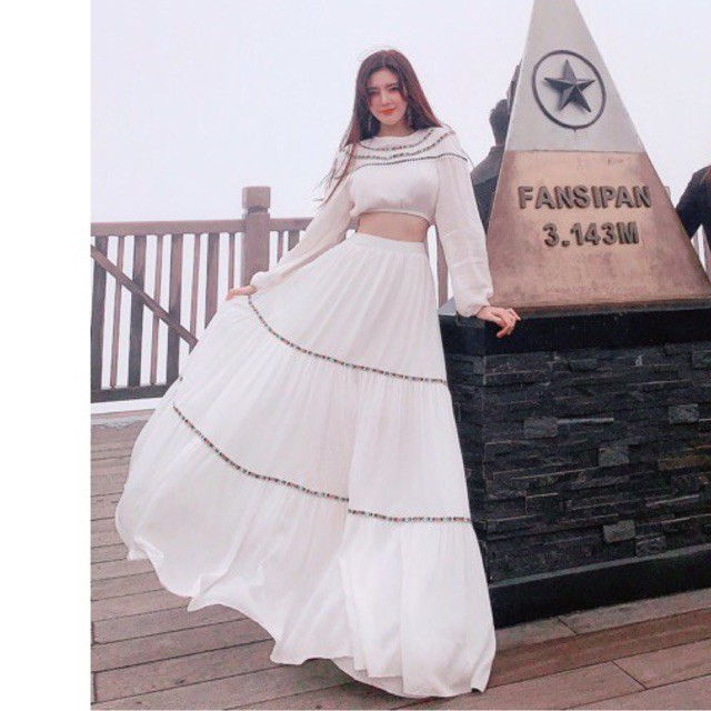 [🍁Hàng sẵn] Set đầm maxi trắng nối tầng viền thổ cẩm boho du lịch chụp ảnh