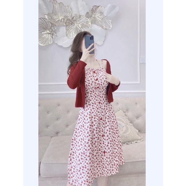 Set váy hai dây hoa hồng cúc bọc xòe dài mix áo len tăm đỏ tiểu thư loại 1 | BigBuy360 - bigbuy360.vn