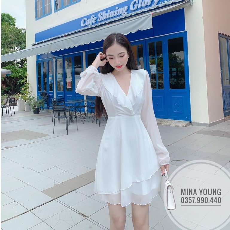 Váy trắng nữ tay dài, chât voan lụa 2 tầng, mềm mịn cổ V bèo ( Hình, clip sản phẩm) - Mina Young Shop