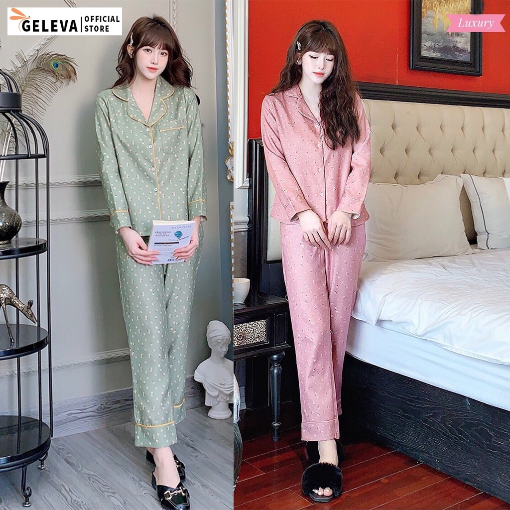 Đồ bộ mặc ở nhà pijama nữ thu đông vải Nhung họa tiết Cao cấp áo dài tay, Bộ đồ ngủ nữ pizama mùa đông Geleva GE843 | BigBuy360 - bigbuy360.vn