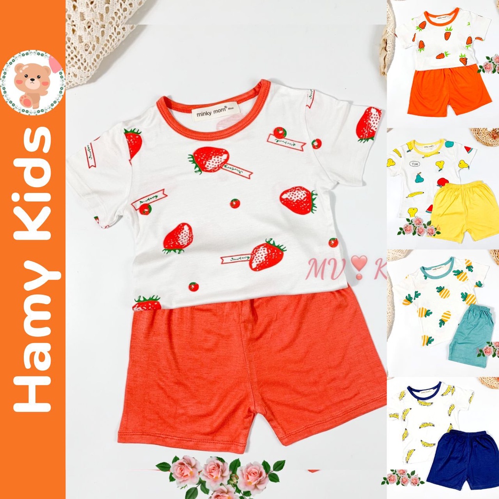 Bộ Minky Mom Chính Hãng Cộc Tay Bé Trai Bé Gái Vải Thun Lạnh Hình Dứa Lê Táo Dâu Cho Bé Từ 0-5 Tuổi Dưới 20kg-Hamykids
