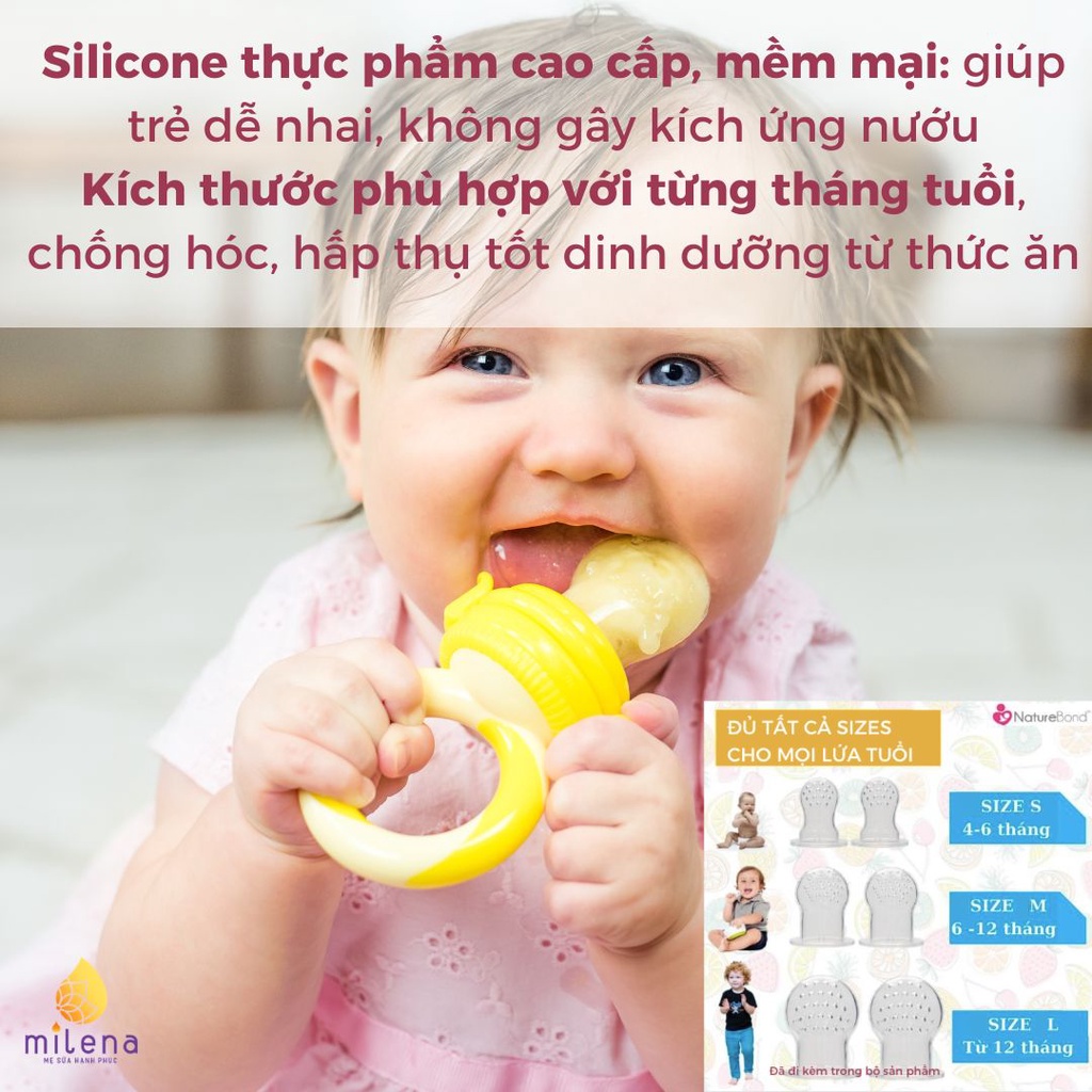 Túi nhai ăn dặm cho bé kích thích ngon miệng NatureBond chống hóc độc quyền chính hãng gồm 6 Núm  4-12 tháng