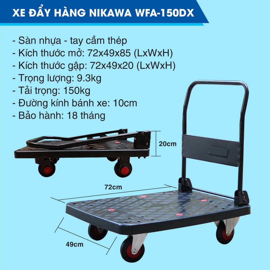 Xe đẩy hàng kéo hàng 4 bánh chống ồn sàn nhựa tay cầm thép 150kg Nikawa , bảo hành 18 tháng, hỏa tốc HN WFA-150DX MAXBUY