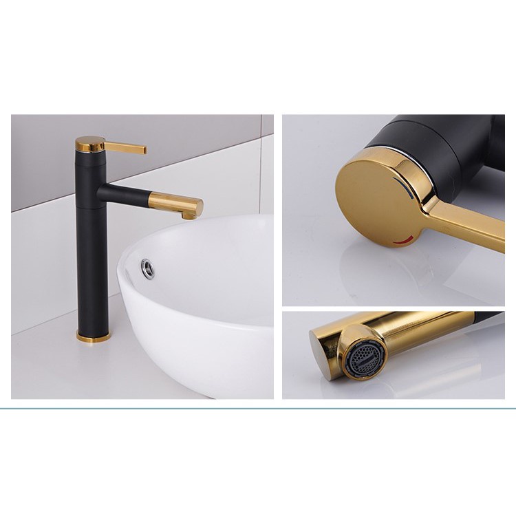 Vòi lavabo nóng lạnh bằng đồng hình trụ tròn 30cm sơn tĩnh điện đen vàng cao cấp