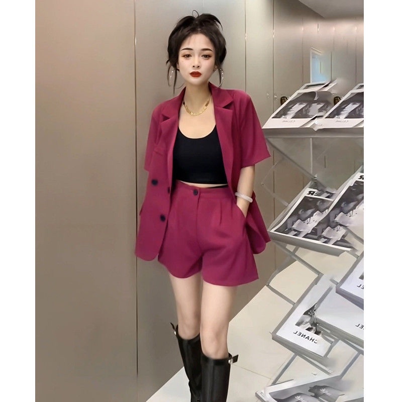Set Áo Khoác Vest Và Quần Short Lưng Cao Màu Đỏ Hồng Thời Trang Mùa Hè Hàng Mới Dành Cho Bạn Nữ