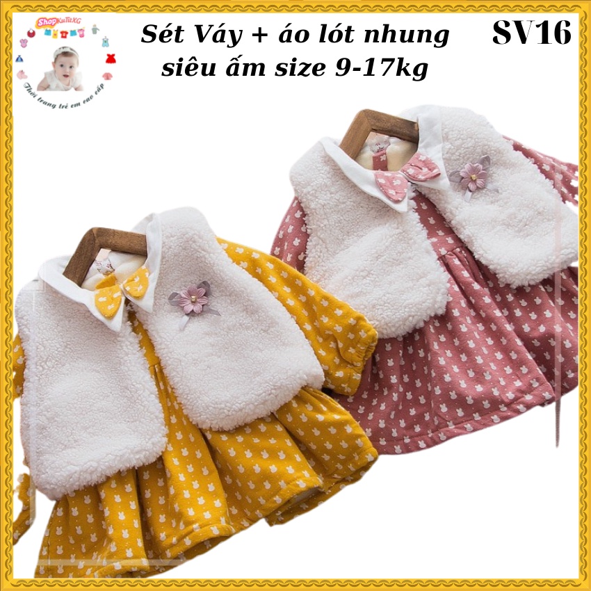 Váy mùa đông bé gái -Váy lót lông họa tiết thỏ kèm áo gile lông size 9-17kg SV16