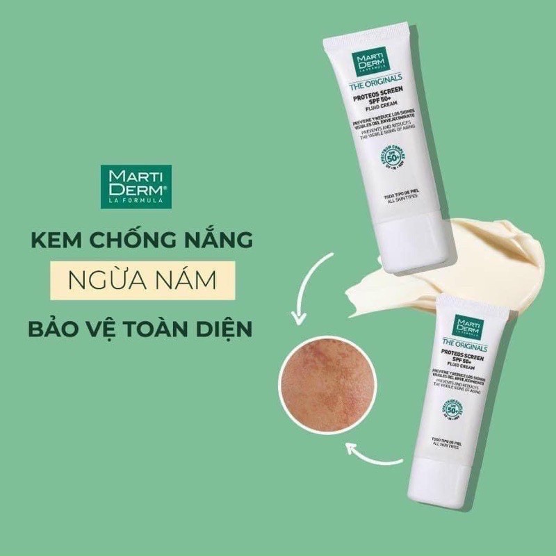 Mini 2ml-Kem Chống Nắng Mọi Loại Da Dầu Mụn Nám Tăng Sắc Tố MartiDerm Proteos Screen SPF 50+ Fluid Cream