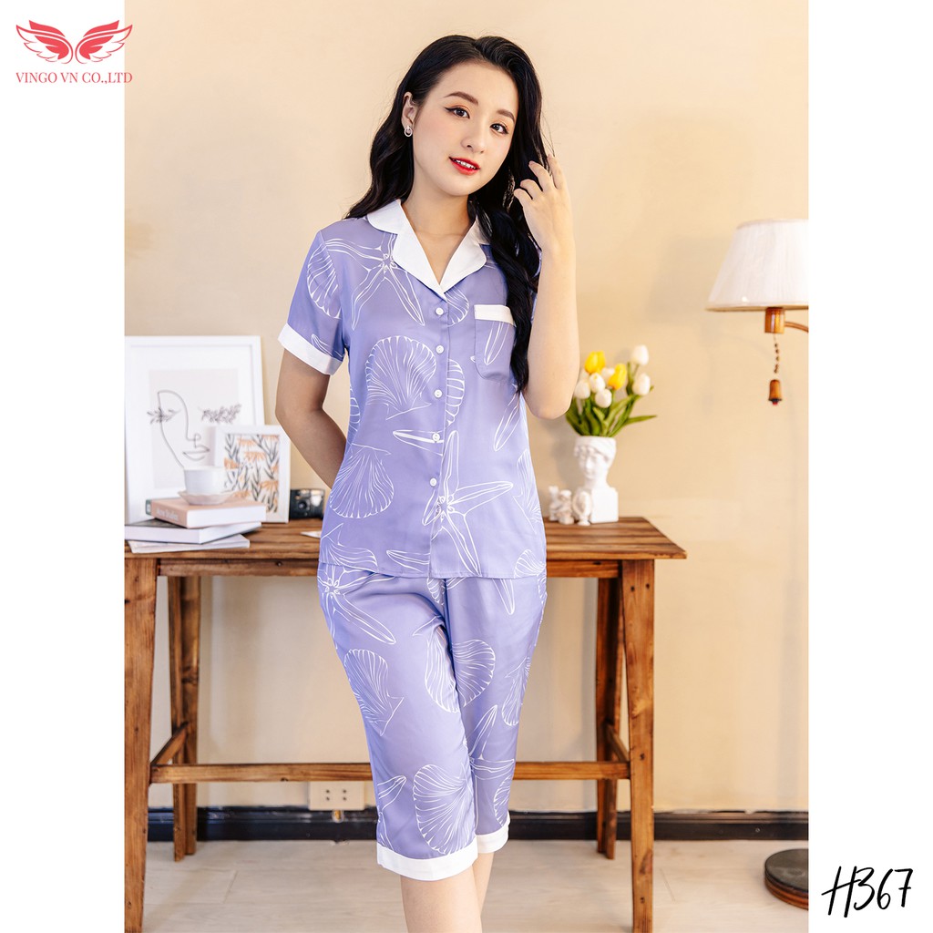 VINGO Bộ Đồ Mặc Nhà Nữ Kiểu Pijama Lụa Pháp Cao Cấp Tay Cộc Quần Lửng Họa Tiết Trắng Phối Nền Tím Nhạt H367 VNGO - TCQL