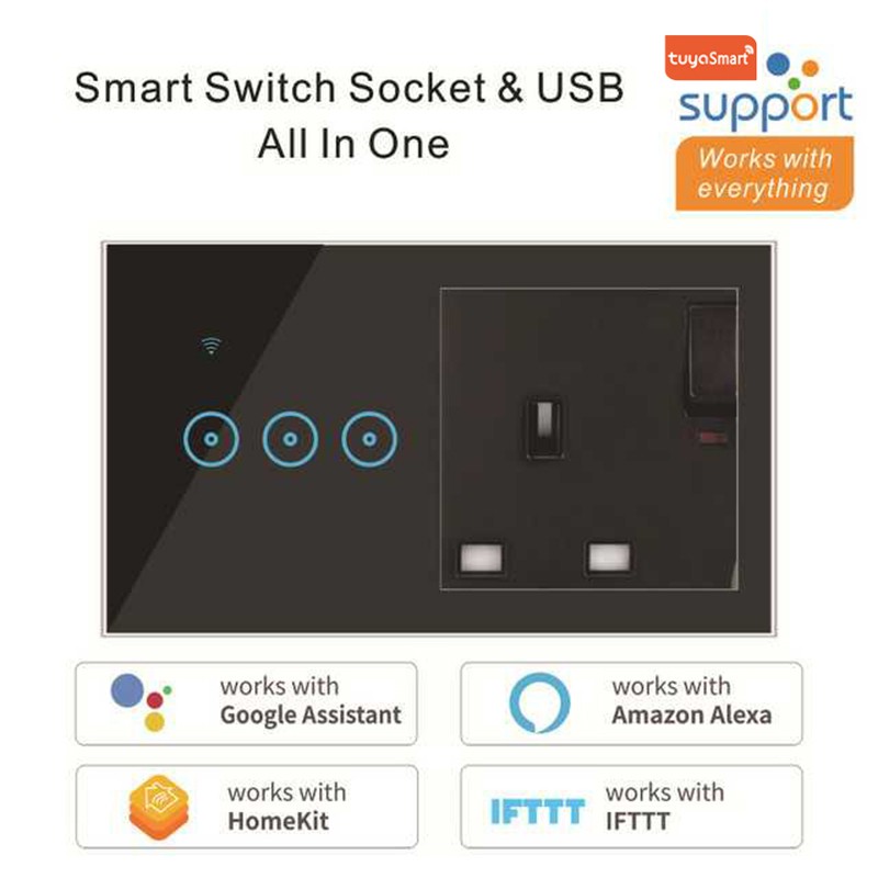 ⋐⋐ Wifi Touch Switch with UK Standard Socket Remote Control Work with Google home Amazon Alexa 1 2 3 Gang Smart Wifi Switch 【nuuo】