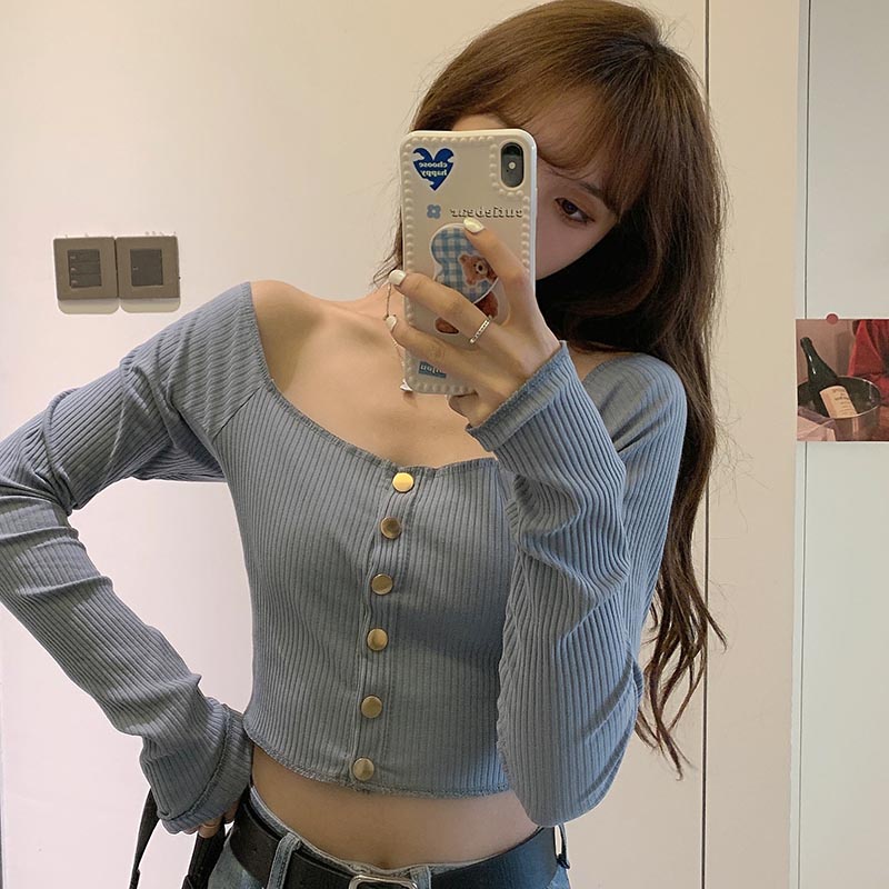 Áo dệt kim trễ vai cổ cao co giãn họa tiết kẻ sọc thời trang