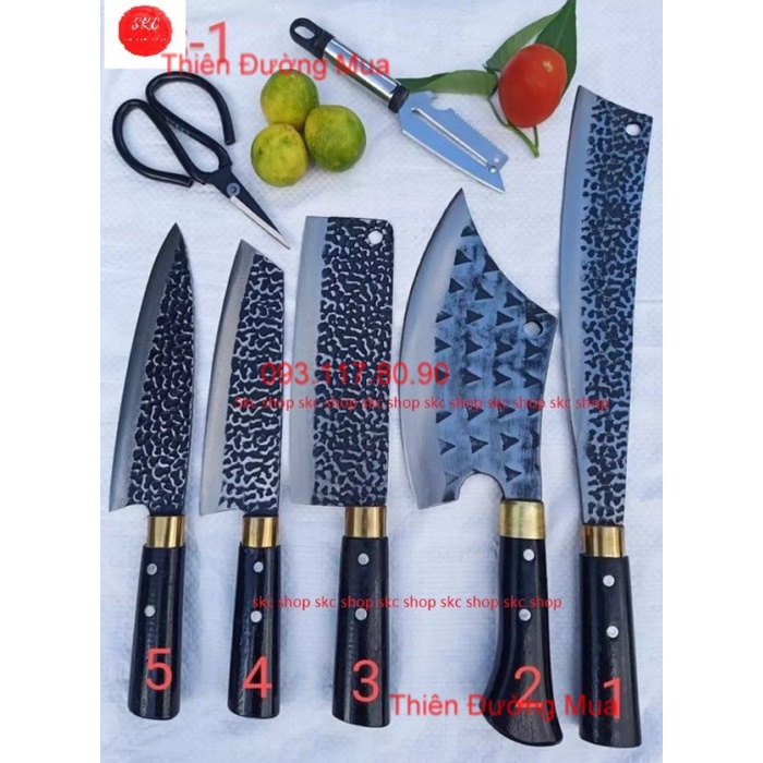 Bộ 05 Dao Nhà Bếp Thép Nhíp Cao Cấp - Dao Chặt Cây, Chặt Xương, Thái Lọc Thịt - Cán Gỗ Cẩm