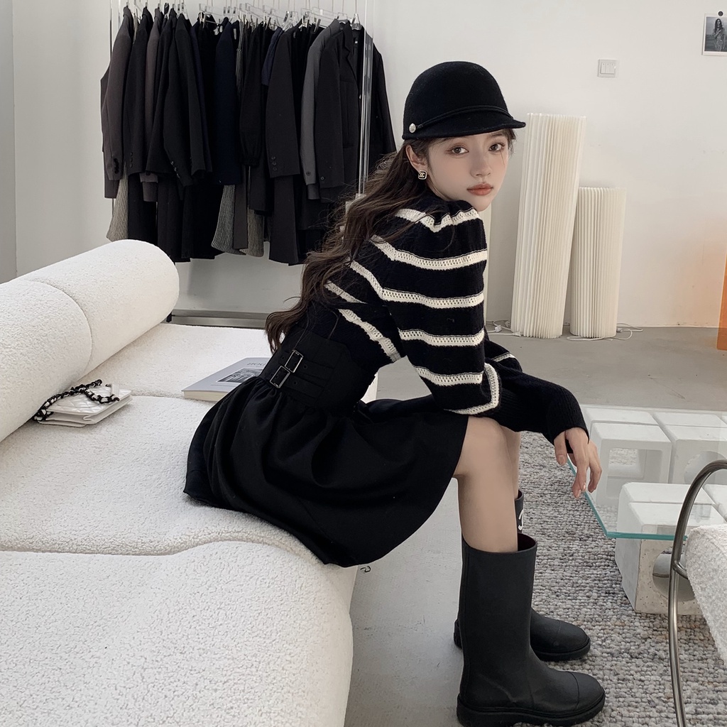 Áo kiểu ZHELIHANGFEI dệt kim cổ vuông tay dài phồng họa tiết kẻ sọc thời trang xinh xắn dành cho nữ