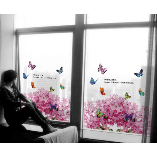 Decal trang trí kính cao cấp hoa hồng bướm