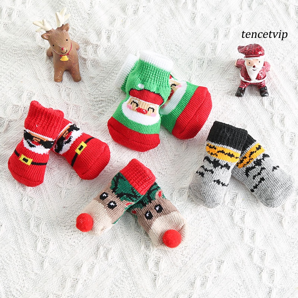 Bộ 4 Vớ Ngắn Co Giãn Tốt Chống Trầy In Họa Tiết Ông Già Noel Giáng Sinh Cho Thú Cưng