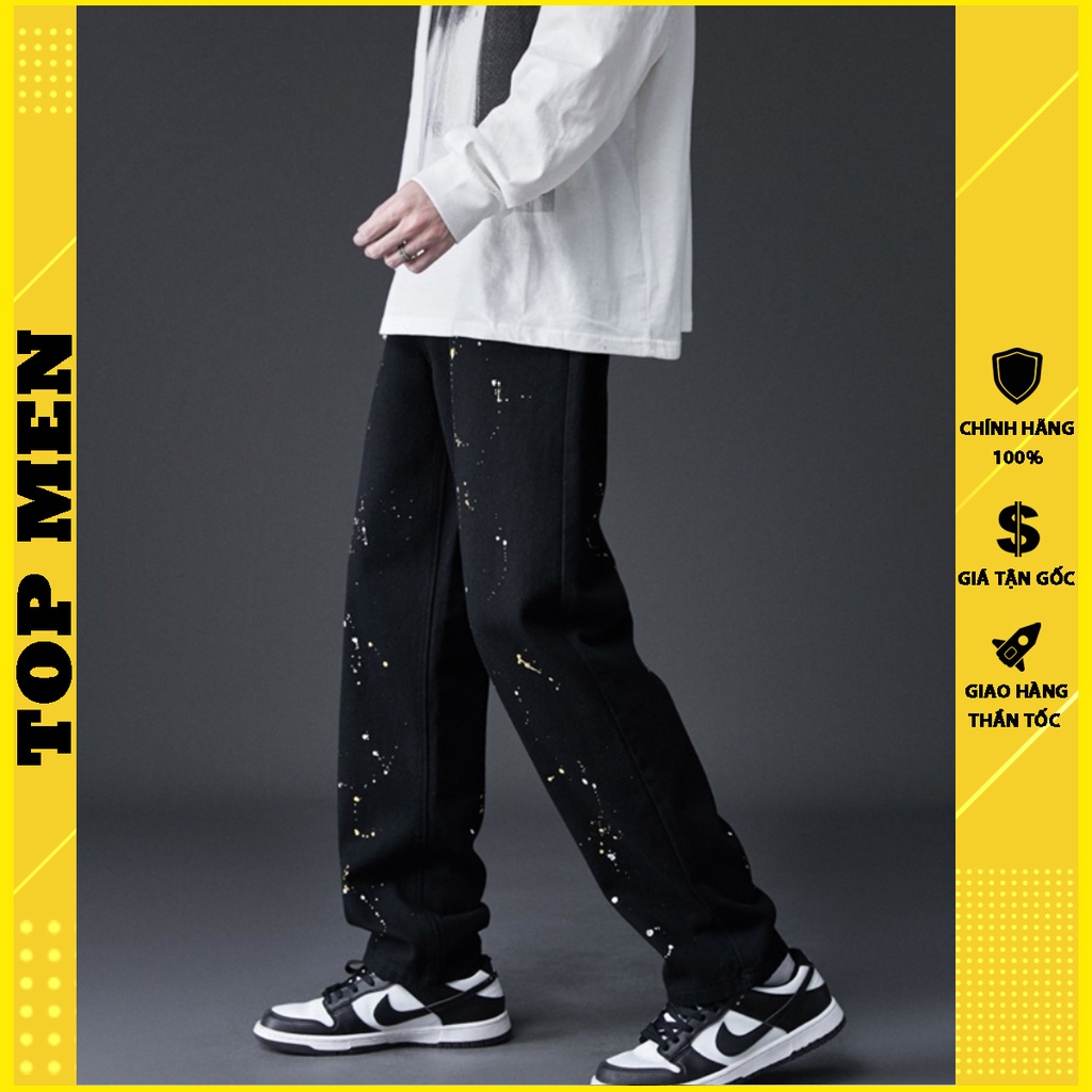 Quần jean nam TOP MEN cao cấp - Quần bò nam ống rộng vảy sơn phong cách thời trang cool ngầu
