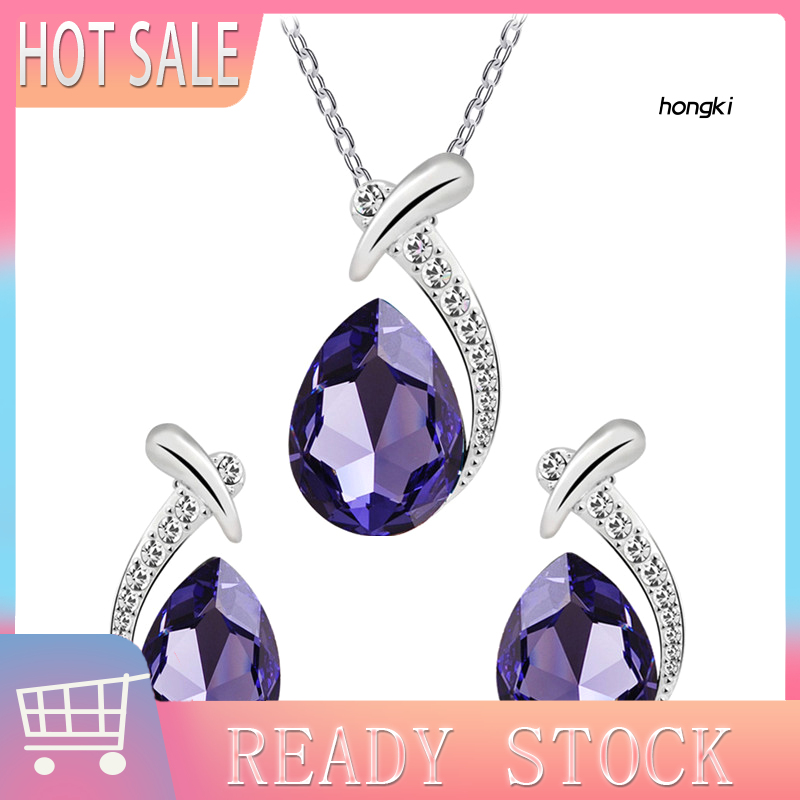 Set dây chuyền + hoa tai đính đá pha lê nhân tạo hình giọt nước thời trang