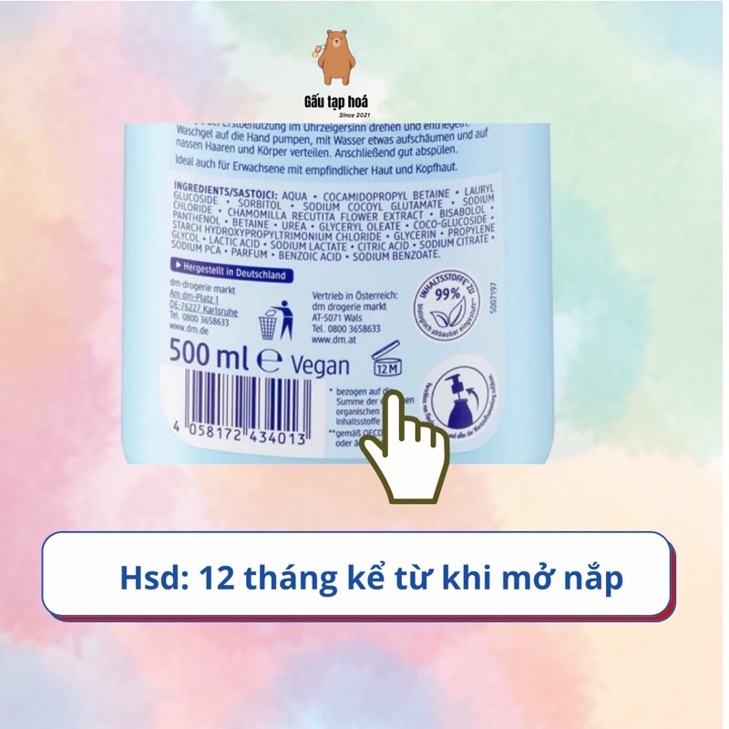 Sữa tắm gội trẻ em Babylove 2 trong 1 cho da nhạy cảm, hương hoa dịu nhẹ không kích ứng [ Hang Đức]