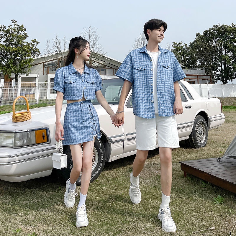 Bộ Áo Sơ Mi Tay Ngắn + Chân Váy Họa Tiết Houndstooth Màu Xanh Dương Phong Cách Hàn Quốc 2022 Cho Cặp Đôi 7.28