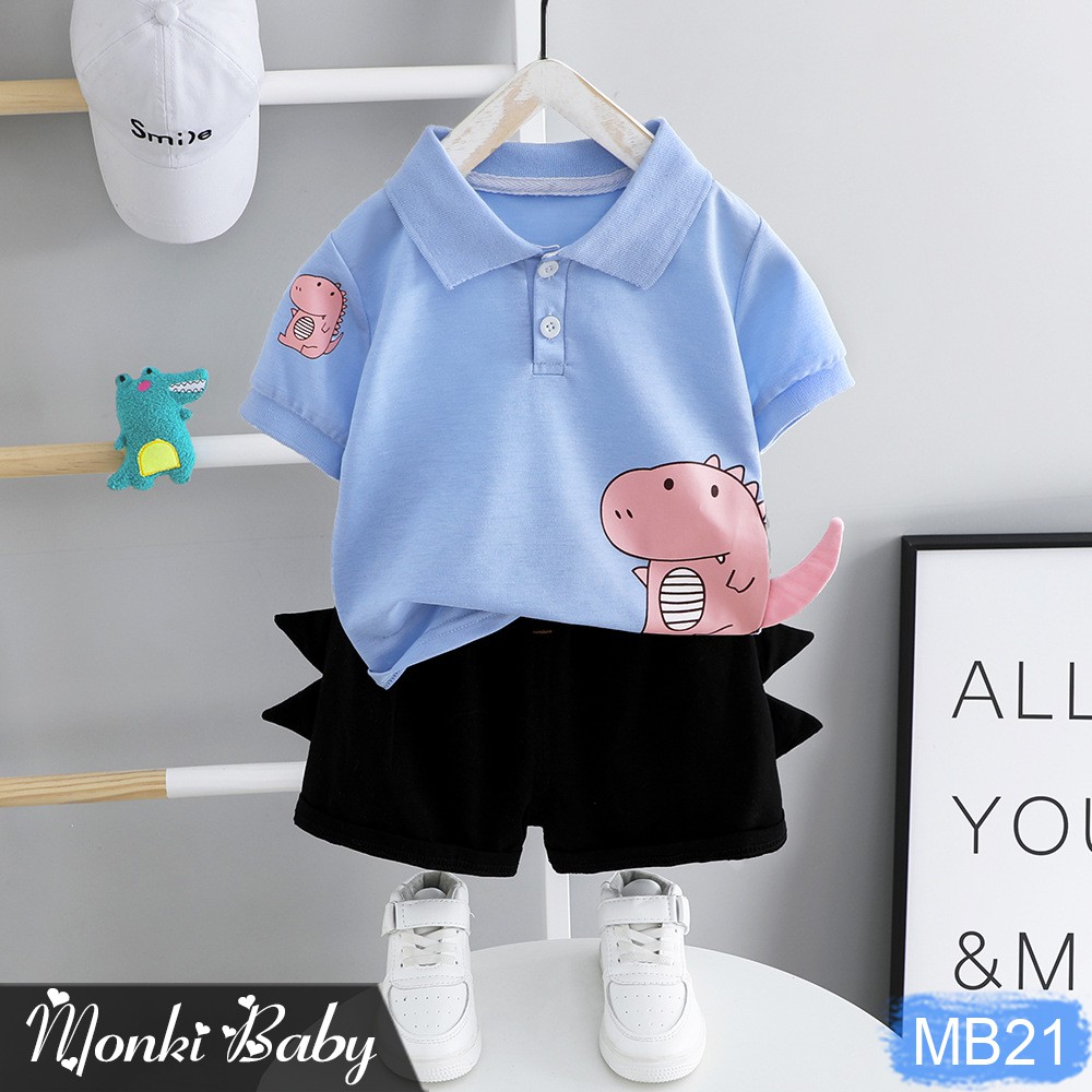 [Lẻ size 7-9kg] - Bộ quần áo bé trai hình khủng long dễ thương, áo thun polo và quần sooc đùi, chất cotton thoáng | MB21