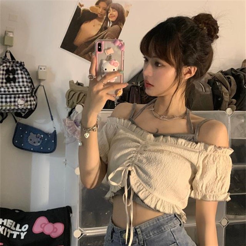 Áo Croptop Tay Ngắn Dây Rút Phong Cách Hàn Quốc Thời Trang Cho Nữ