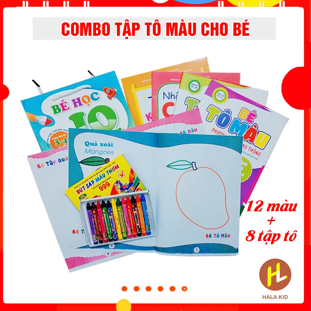 Set tô màu cho bé 3-4 tuổi: Bộ 8 tập tô và Hộp 12 bút sáp màu