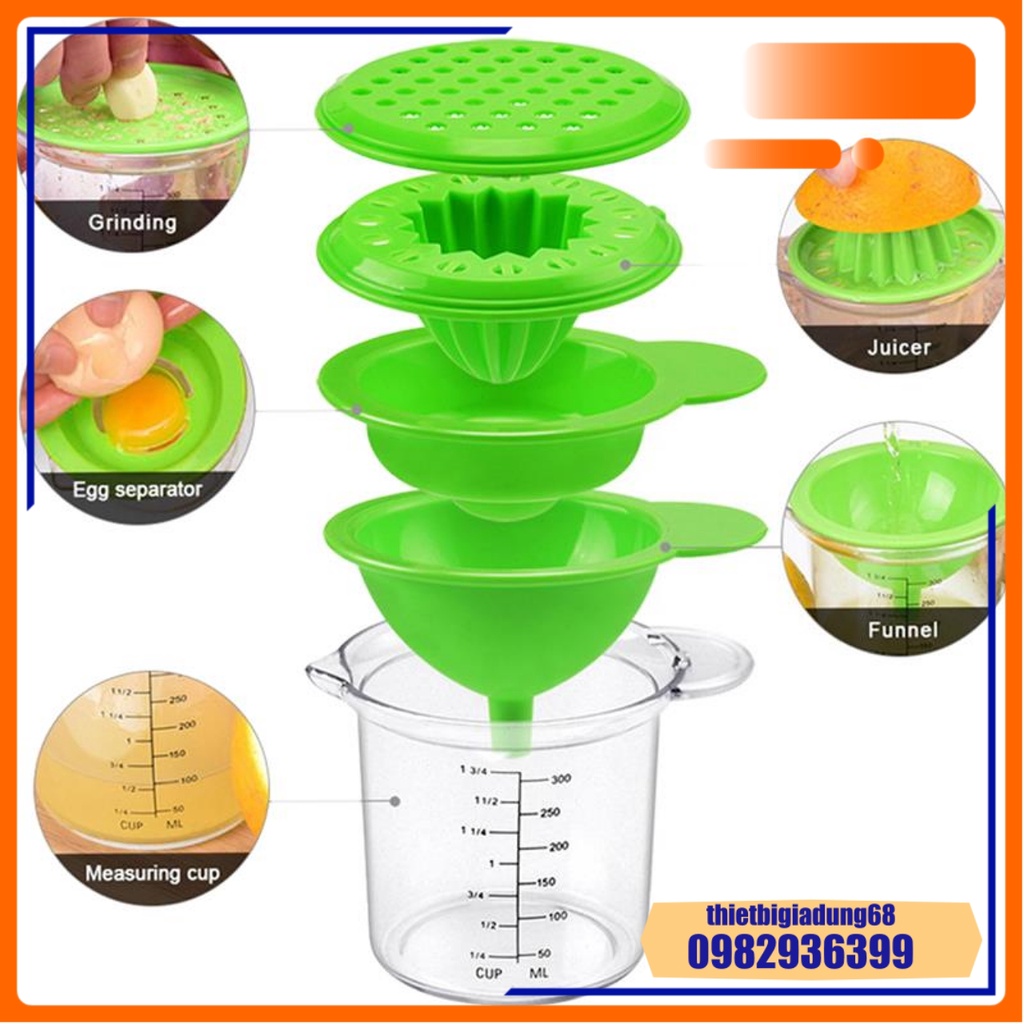 Cốc Chia Vạch Nhà Bếp Đa Năng 300ml 5in1 Định Lượng, Vắt Cam, Lọc Trứng, Phễu Lọc, Mài Rau Củ Quả, Dụng Cụ Nhà Bếp