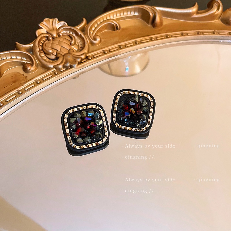 DREJEW Bông Tai Hình Vuông Màu Đen Đính Kim Cương Bạc Thời Trang Sang Trọng Cho Nữ