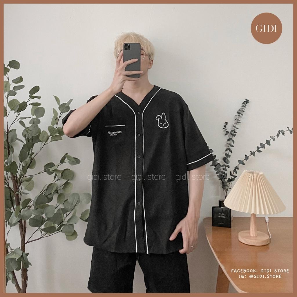 Áo Sơ mi BUNNY tay lỡ Nam Nữ Unisex thêu thỏ viền OVERSIZE - cổ chữ V form rộng vải nhung tăm thoáng mát, không nhăn