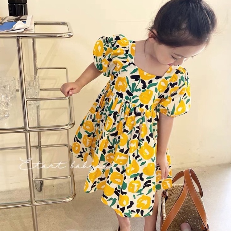 Váy bé gái babydoll thô hoa dây đan chéo lưng, tay bồng dáng xòe cho bé gái từ 8 đến 20 kg