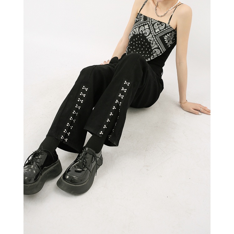 【ZHELIHANGFEI】Quần Jean Lưng Cao Ống Rộng Xẻ Tà Thời Trang Đường Phố Cá Tính