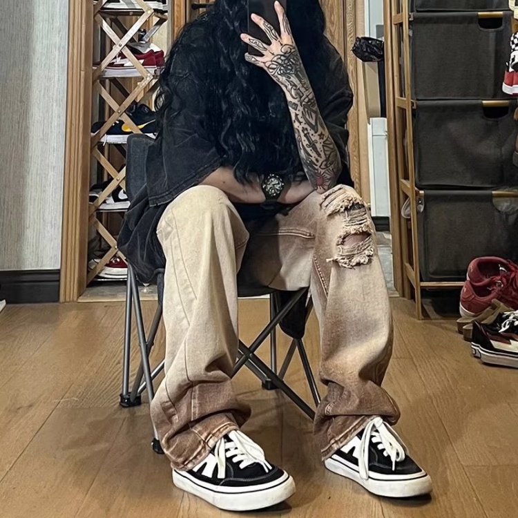 Quần Jean Nam Dài Dáng Rộng Co Giãn Tốt Phối Rách Kiểu Vintage Thời Trang Cho Nam Và Nữ Quần jean hang động retro Quần denim thẳng bình thường