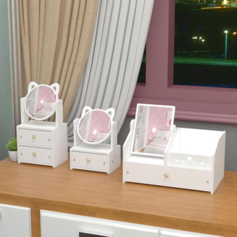 Kệ mỹ phẩm mèo 1 và 2 ngăn kéo [HÀNG HIỆU] trang điểm kèm gương tai mèo xinh xắn