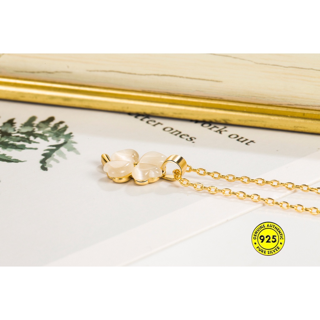 Vòng cổ Bạc 925 Mặt Cỏ Ba Lá Đính Đá Opal Sang Trọng Đơn Giản Cho Nữ