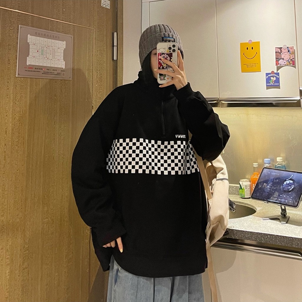 Áo Nỉ Khóa Cổ Beeterno ❤ Áo Nỉ Cổ Bẻ In Caro Unisex