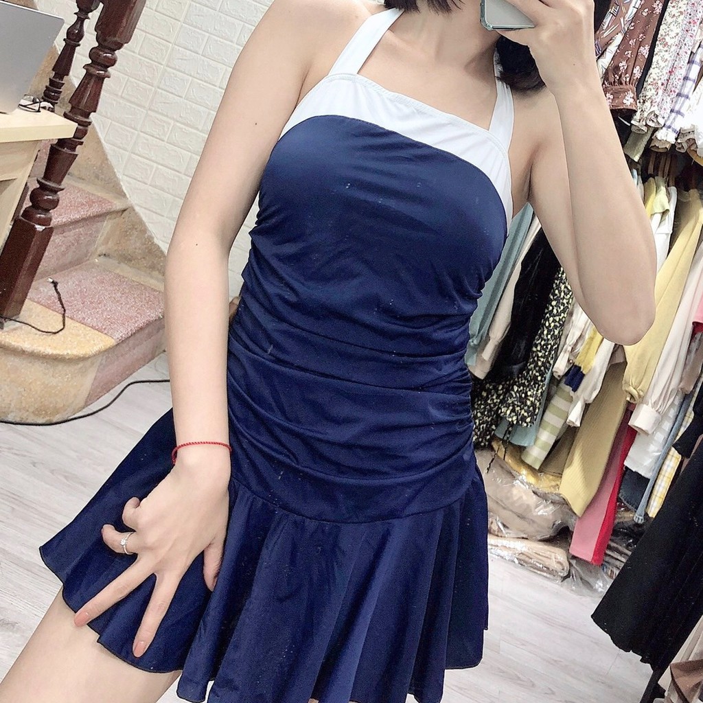 Bikini đi biển liền váy xòe màu xanh than, bộ bơi cho nữ viền trắng kín đáo Bikini191