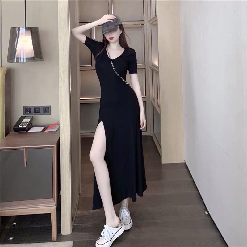 Váy cotton ulzzang xẻ tà dáng dài cổ tròn chất liệu co giãn