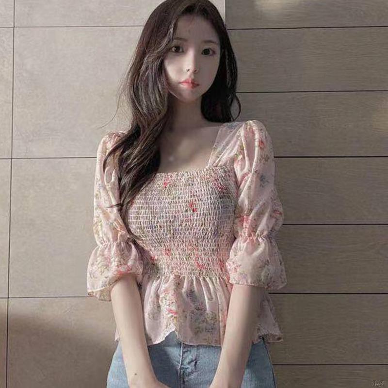 Áo Kiểu Chất Chiffon Tay Ngắn Cổ Vuông Hoạ Tiết Hoa Phong Cách Hàn Quốc
